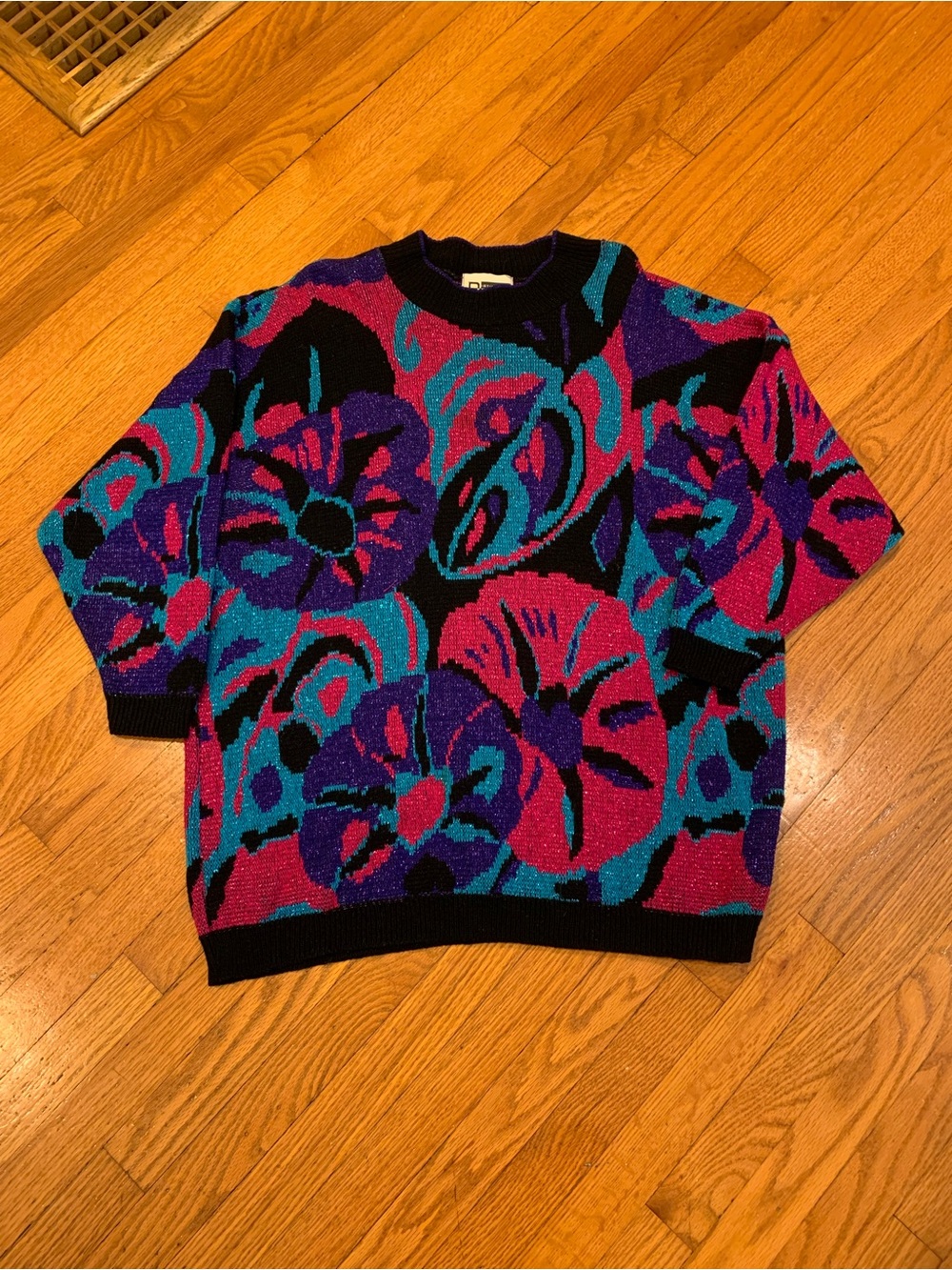 Vintage 80s Knit Floral Pattern Colorful Crewneck Pullover Sweater